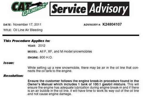 Service Advisory for 2012 Arctic Cat F, XF and M800 snowmobiles Service Advisory for 2012 Arctic Cat F, XF and M800 snowmobiles