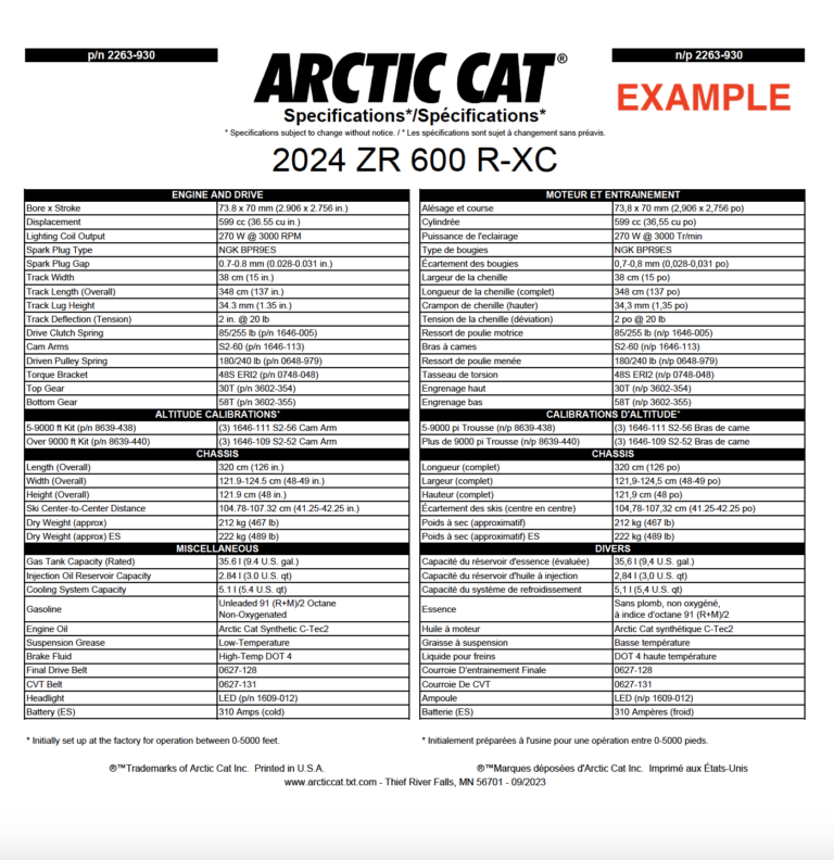 2024 ARCTIC CAT SNOWMOBILE FULL MODEL LINE SPECIFICATIONS PDF