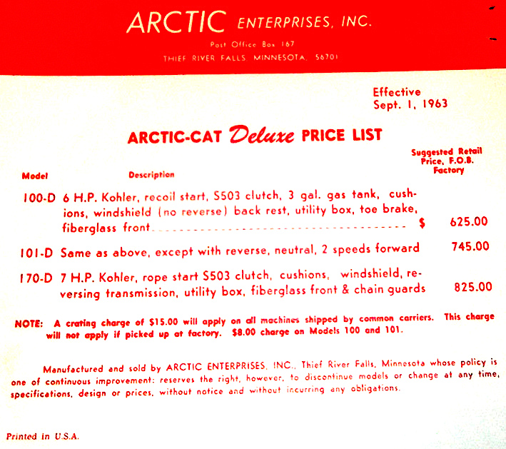 1964 ARCTIC CAT DELUXE PRICE LIST