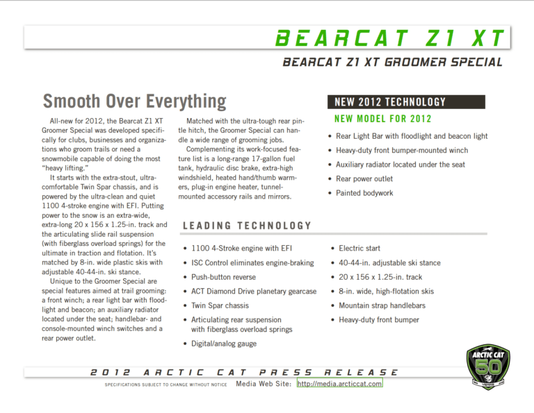 2012 ARCTIC CAT SNOWMOBILES BEARCAT GS MEDIA KIT PDF