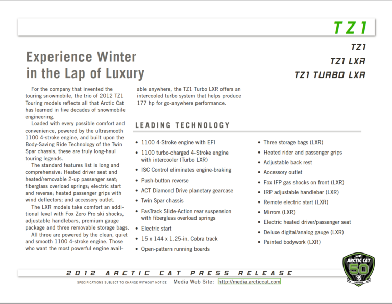 2012 ARCTIC CAT TZ1 MEDIA KIT PDF