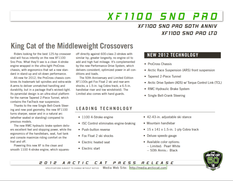 2012 ARCTIC CAT XF 1100 MEDIA KIT PDF