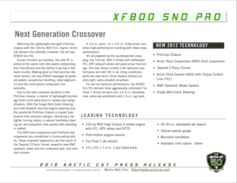2012 ARCTIC CAT XF 800 SNO PRO MEDIA KIT PDF