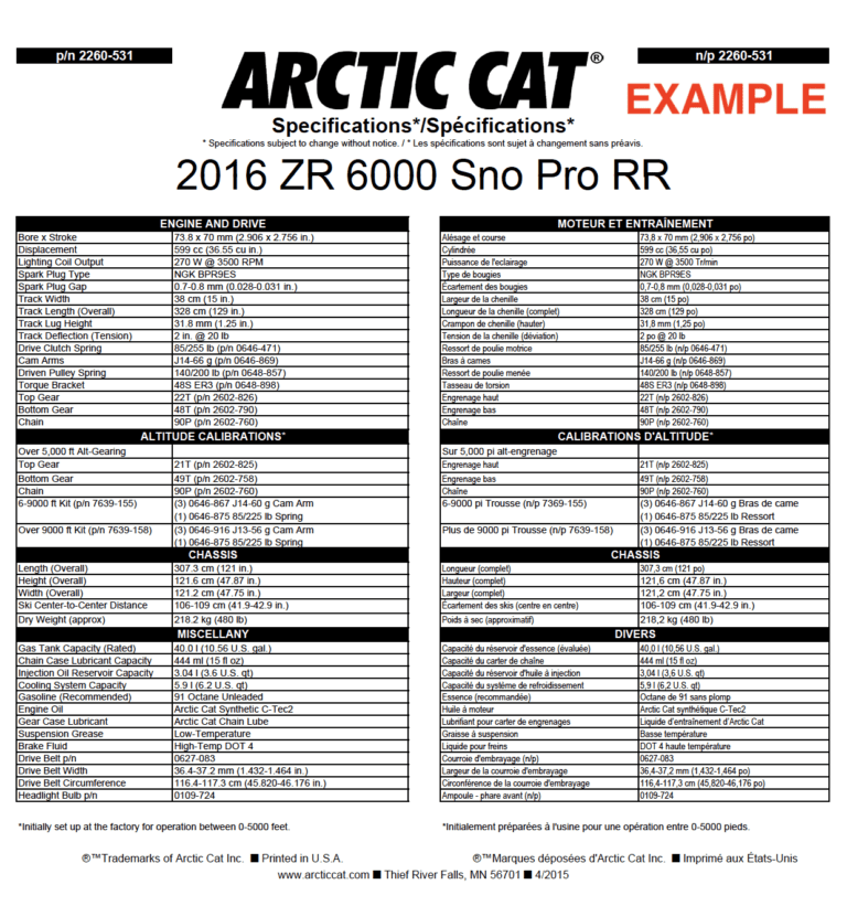 2016 ARCTIC CAT SNOWMOBILES MODEL SPECIFICATIONS PDF