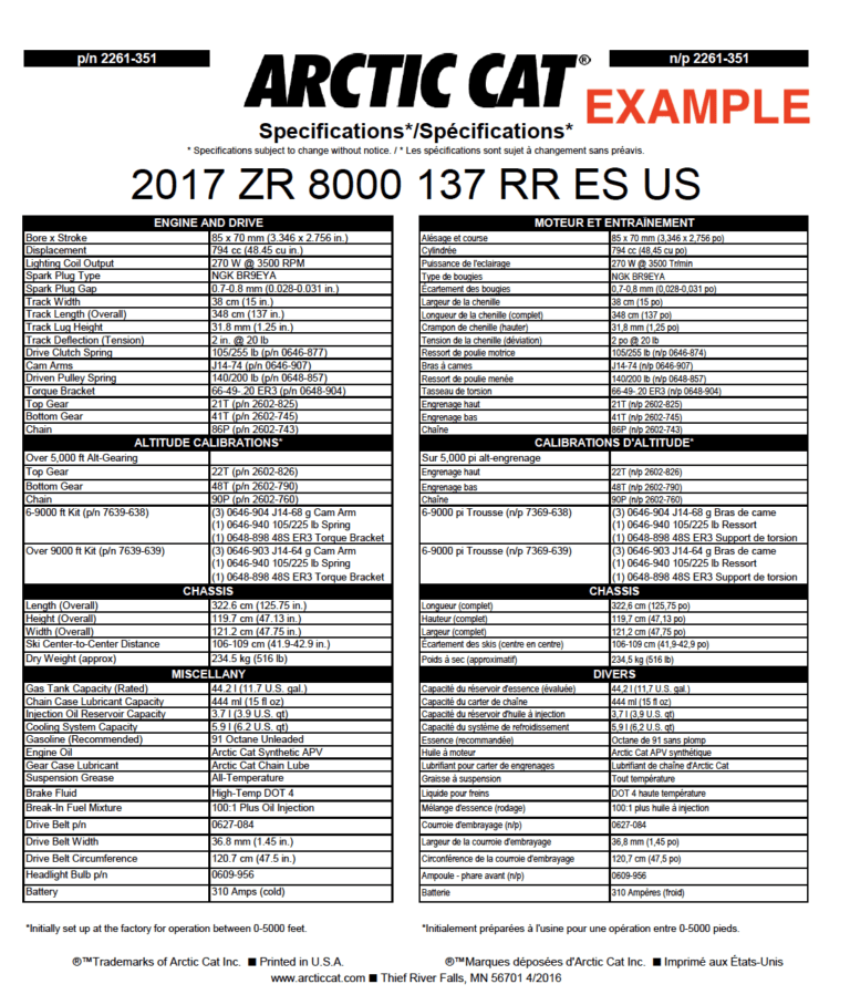 2017 ARCTIC CAT SNOWMOBILES MODEL SPECIFICATIONS PDF