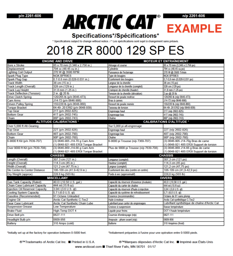 2018 ARCTIC CAT SNOWMOBILES MODEL SPECIFICATIONS PDF