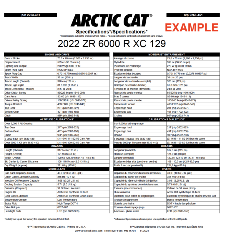 2022 ARCTIC CAT SNOWMOBILES MODEL SPECIFICATIONS PDF