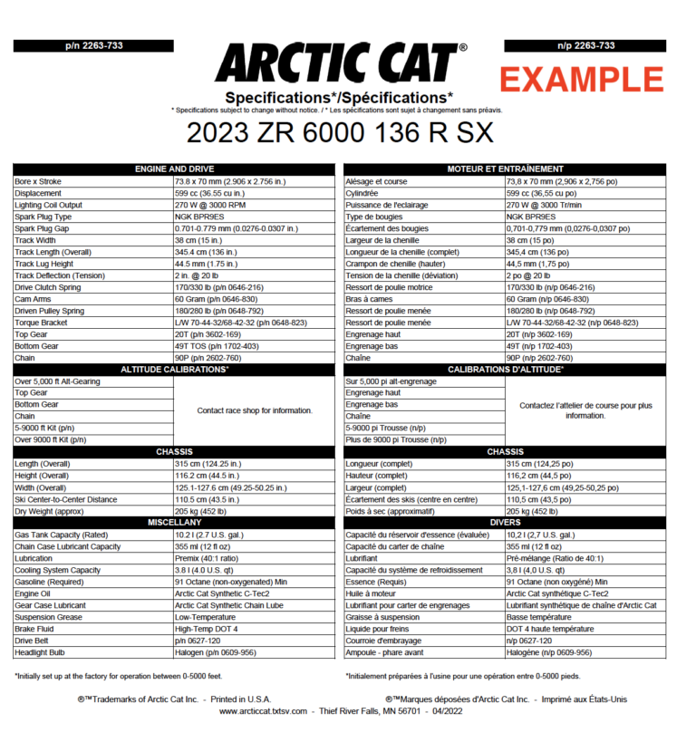 2023 ARCTIC CAT SNOWMOBILES MODEL SPECIFICATIONS PDF